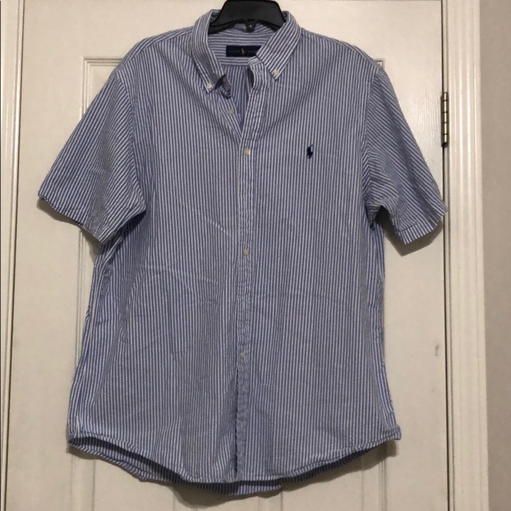 Ralph Lauren short sleeve blue and white button down shirt, size XL.